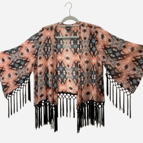Pre-owned Eye Candy Patterned Fringe Kimono - Pink and Black - Picture 3 of 4